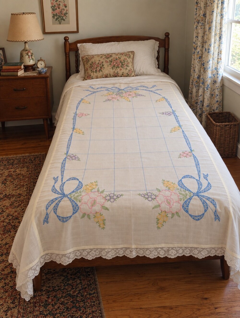 VINTAGE Embroidered Sheer Bedspread Twin Cream Blue Pink Yellow 90x65